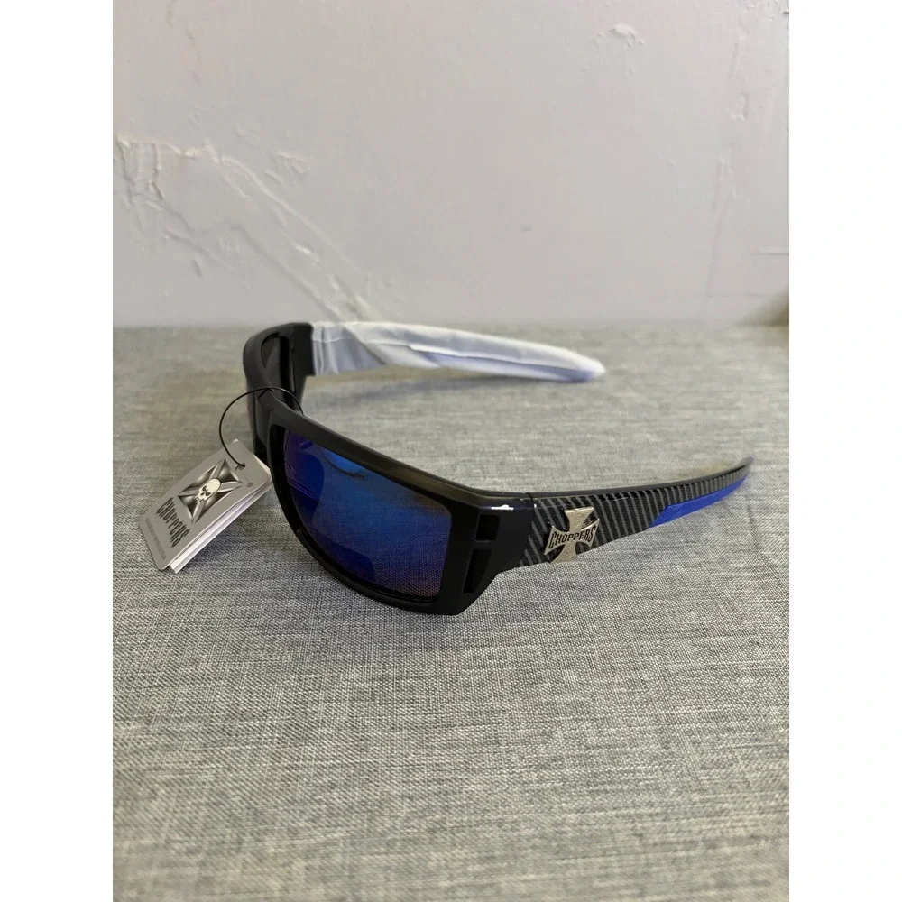 Choppers Sunglasses Mens OS Matte Black Blue Mirror Lens Biker Carbon Fiber Wrap